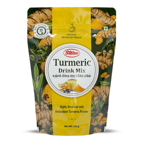 Stand up spice packaging pouch for turmeric drink mix and seasoning blends